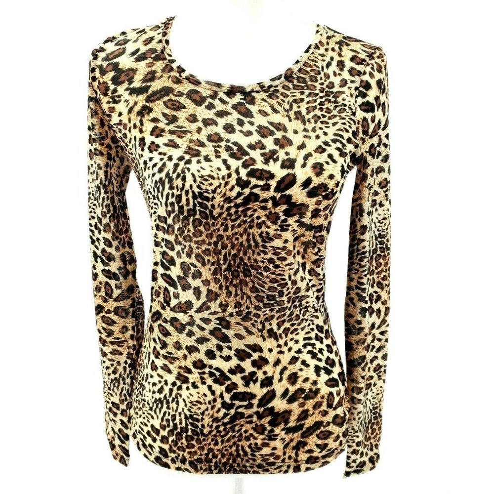 SPARKZ COPENHAGEN Scoop Neck Leopard Animal Print Long Sleeve Lightweight Tee